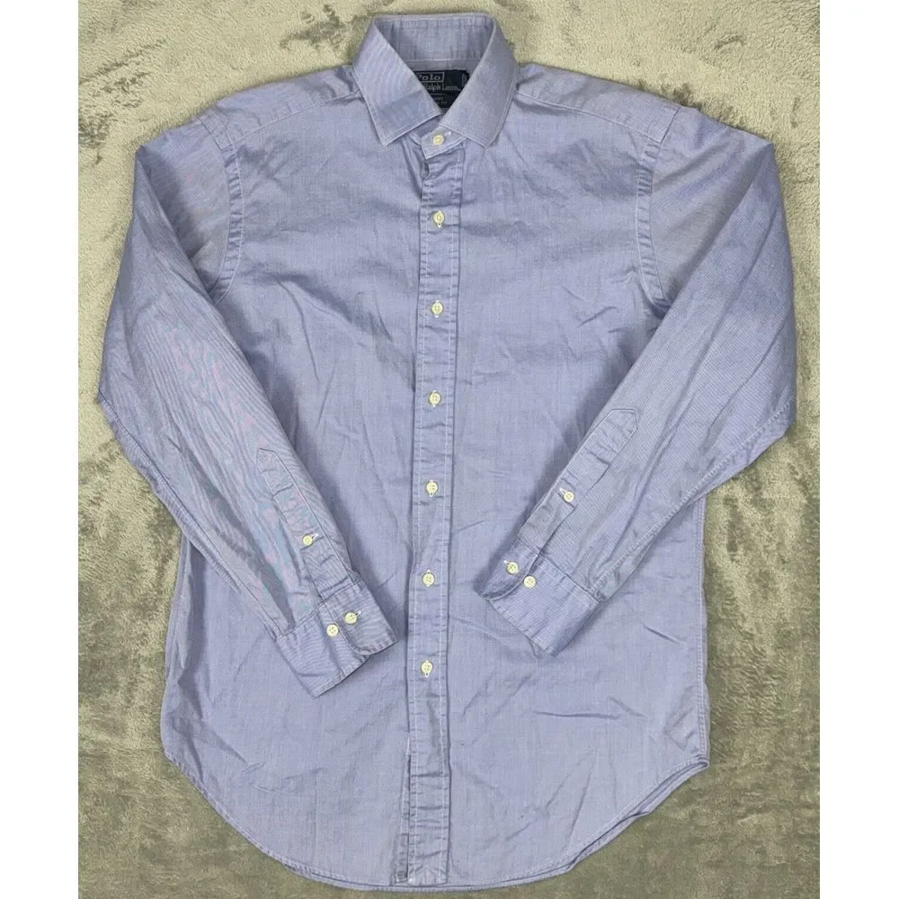POLO Ralph Lauren Regent Custom‎ Fit Button Up Shirt Mens Size 15 32/33 Blue VTG
